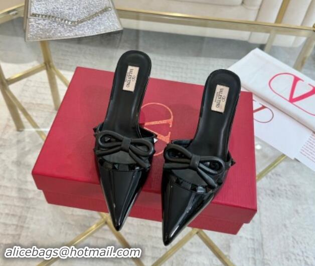 Luxurious Valentino Rockstud Mules 6cm with Bow in Patent Calfskin Black 1118035