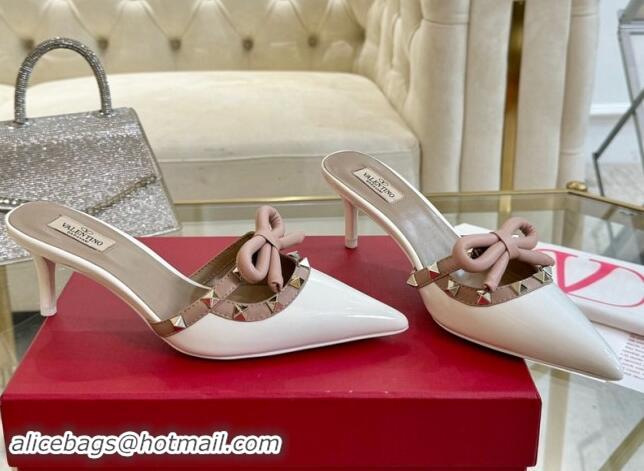 Durable Valentino Rockstud Mules 6cm with Bow in Patent Calfskin White 1118036