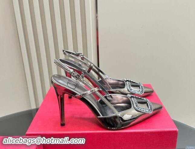 Popular Style Valentino Strass VLogo Satin Slingback Pumps 10cm in Patent Leather Silver 1118037