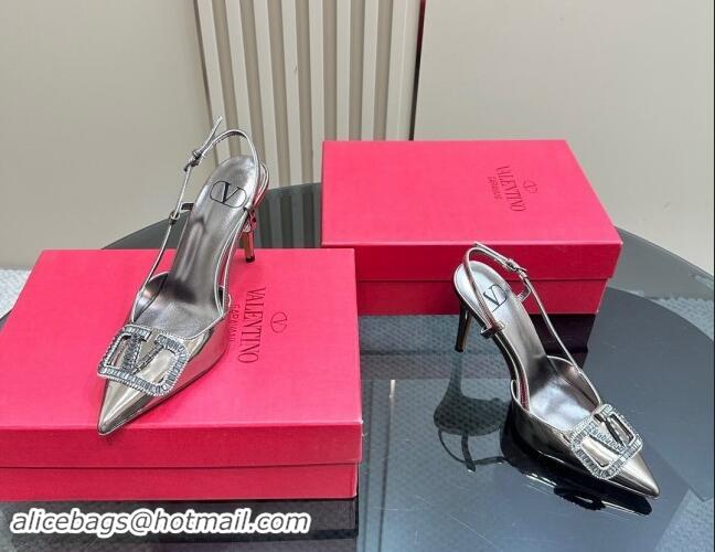 Popular Style Valentino Strass VLogo Satin Slingback Pumps 10cm in Patent Leather Silver 1118037