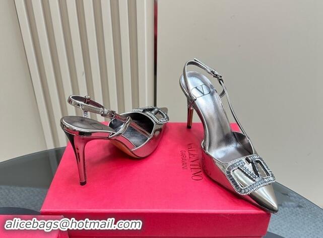 Popular Style Valentino Strass VLogo Satin Slingback Pumps 10cm in Patent Leather Silver 1118037