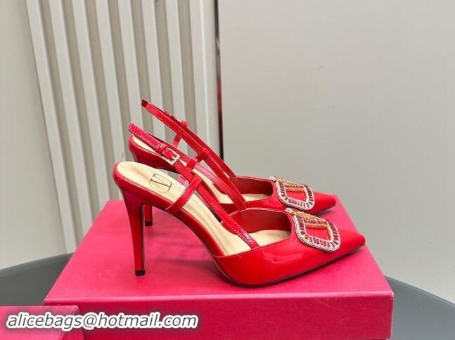 Low Cost Valentino Strass VLogo Satin Slingback Pumps 10cm in Patent Leather Red 1118038