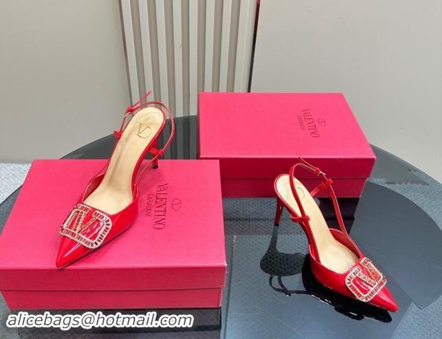 Low Cost Valentino Strass VLogo Satin Slingback Pumps 10cm in Patent Leather Red 1118038