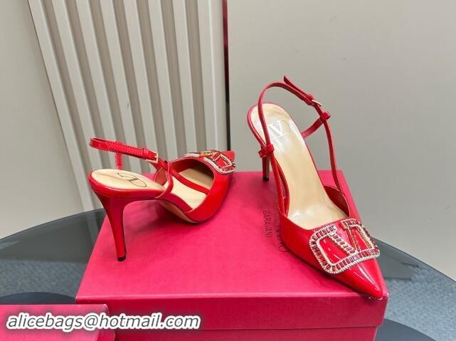 Low Cost Valentino Strass VLogo Satin Slingback Pumps 10cm in Patent Leather Red 1118038