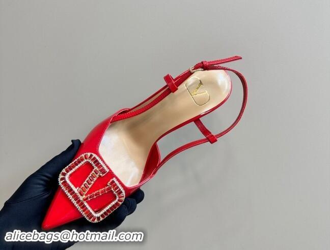 Low Cost Valentino Strass VLogo Satin Slingback Pumps 10cm in Patent Leather Red 1118038