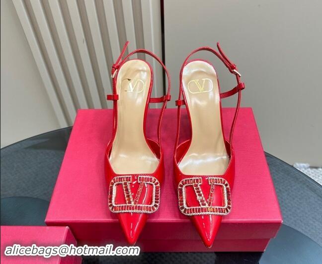 Low Cost Valentino Strass VLogo Satin Slingback Pumps 10cm in Patent Leather Red 1118038