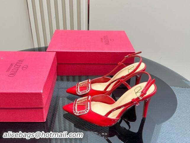 Low Cost Valentino Strass VLogo Satin Slingback Pumps 10cm in Patent Leather Red 1118038