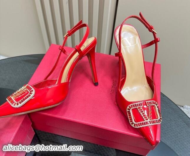 Low Cost Valentino Strass VLogo Satin Slingback Pumps 10cm in Patent Leather Red 1118038