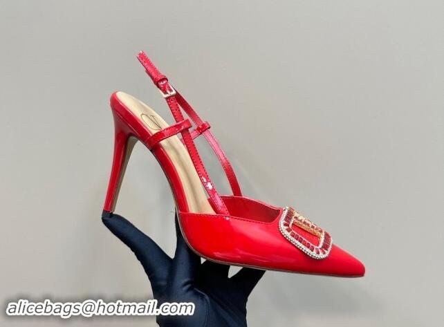 Low Cost Valentino Strass VLogo Satin Slingback Pumps 10cm in Patent Leather Red 1118038