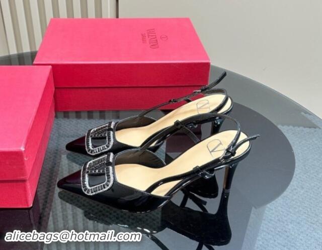 Classic Hot Valentino Strass VLogo Satin Slingback Pumps 8cm in Patent Leather Black 1118039