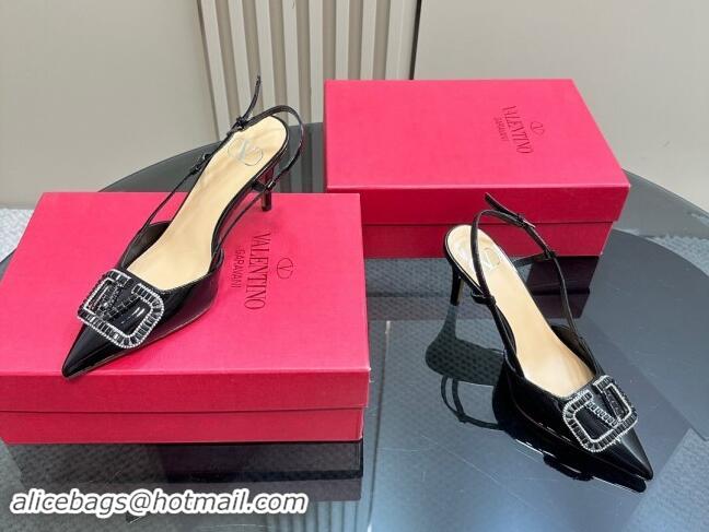 Classic Hot Valentino Strass VLogo Satin Slingback Pumps 8cm in Patent Leather Black 1118039