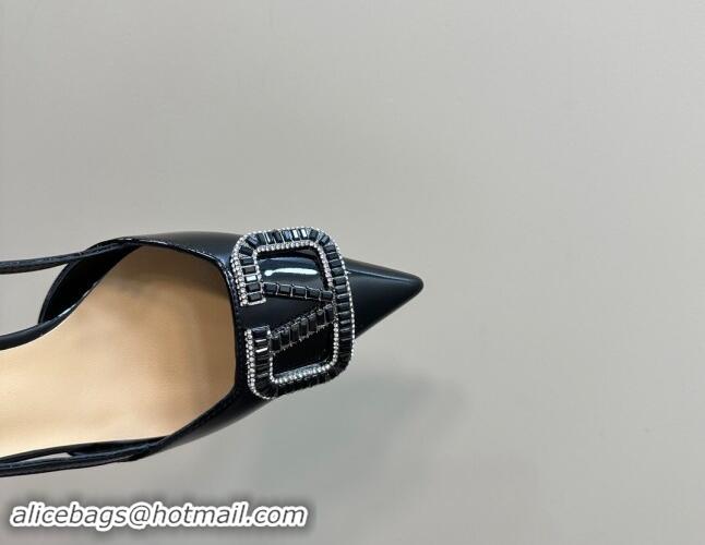 Classic Hot Valentino Strass VLogo Satin Slingback Pumps 8cm in Patent Leather Black 1118039