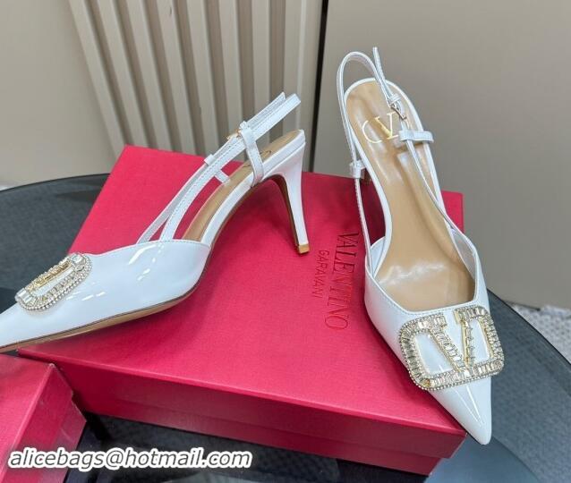 Unique Style Valentino Strass VLogo Satin Slingback Pumps 8cm in Patent Leather White 1118040