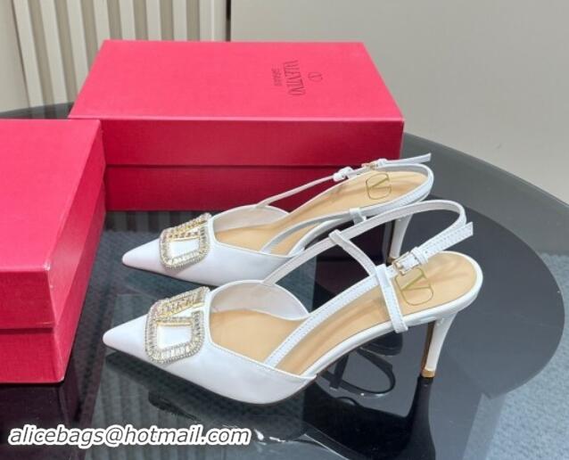 Unique Style Valentino Strass VLogo Satin Slingback Pumps 8cm in Patent Leather White 1118040