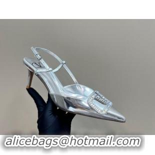 Popular Style Valentino Strass VLogo Satin Slingback Pumps 6.5cm in Patent Leather Silver 1118041