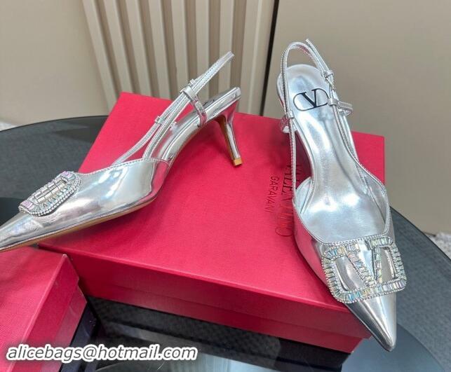 Popular Style Valentino Strass VLogo Satin Slingback Pumps 6.5cm in Patent Leather Silver 1118041