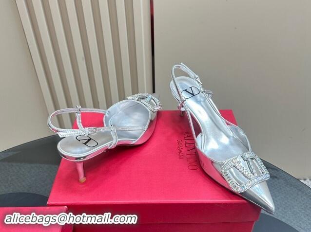 Popular Style Valentino Strass VLogo Satin Slingback Pumps 6.5cm in Patent Leather Silver 1118041