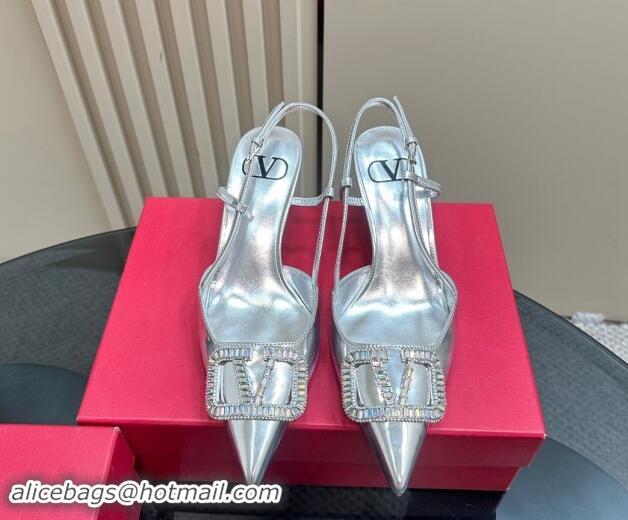 Popular Style Valentino Strass VLogo Satin Slingback Pumps 6.5cm in Patent Leather Silver 1118041