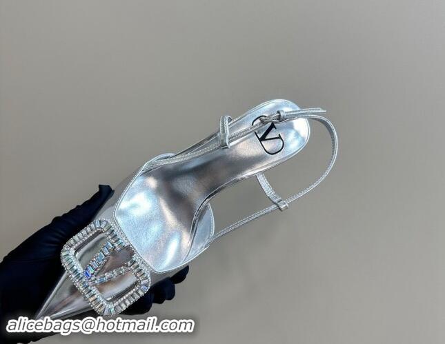 Popular Style Valentino Strass VLogo Satin Slingback Pumps 6.5cm in Patent Leather Silver 1118041