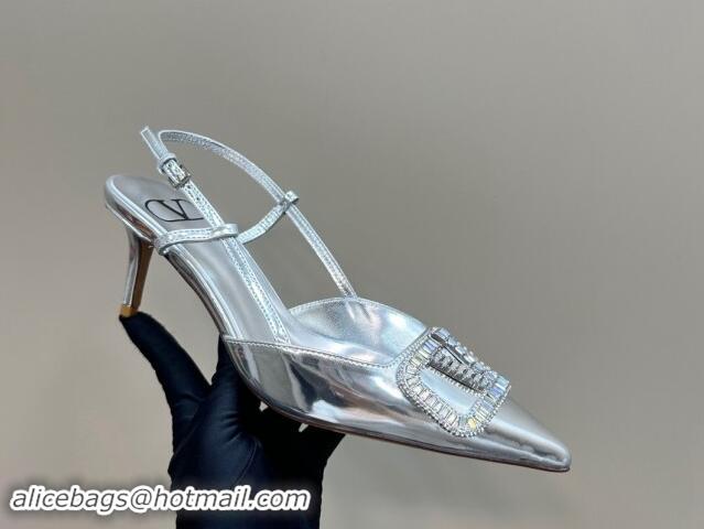 Popular Style Valentino Strass VLogo Satin Slingback Pumps 6.5cm in Patent Leather Silver 1118041