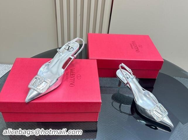 Popular Style Valentino Strass VLogo Satin Slingback Pumps 6.5cm in Patent Leather Silver 1118041