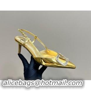 Good Quality Valentino Strass VLogo Satin Slingback Pumps 6.5cm in Patent Leather Gold 1118042