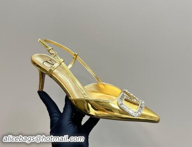 Good Quality Valentino Strass VLogo Satin Slingback Pumps 6.5cm in Patent Leather Gold 1118042