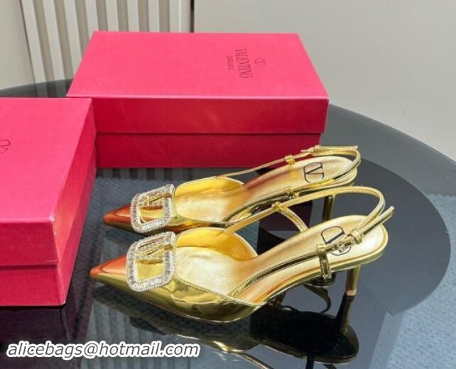 Good Quality Valentino Strass VLogo Satin Slingback Pumps 6.5cm in Patent Leather Gold 1118042