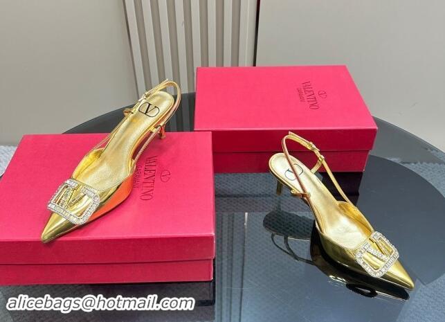 Good Quality Valentino Strass VLogo Satin Slingback Pumps 6.5cm in Patent Leather Gold 1118042