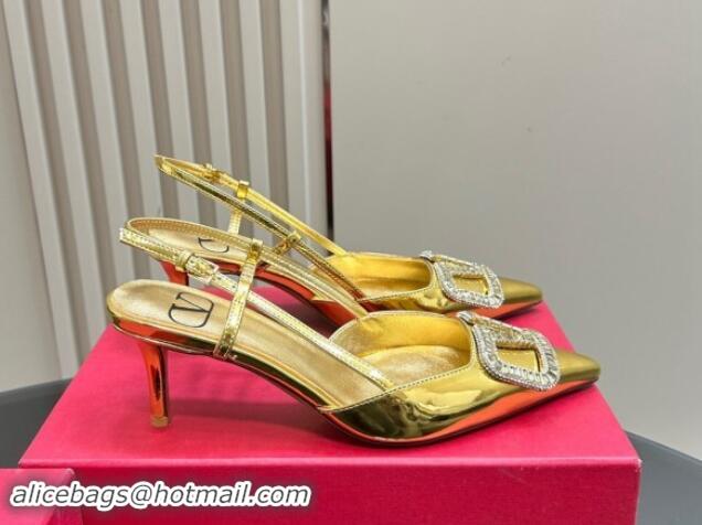 Good Quality Valentino Strass VLogo Satin Slingback Pumps 6.5cm in Patent Leather Gold 1118042