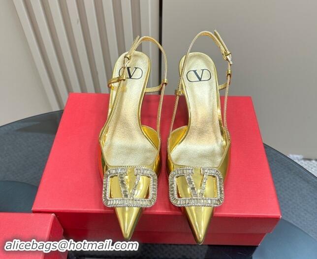 Good Quality Valentino Strass VLogo Satin Slingback Pumps 6.5cm in Patent Leather Gold 1118042