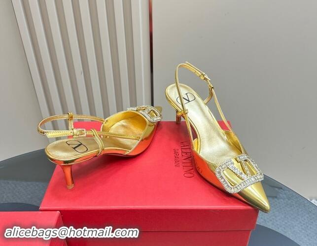 Good Quality Valentino Strass VLogo Satin Slingback Pumps 6.5cm in Patent Leather Gold 1118042