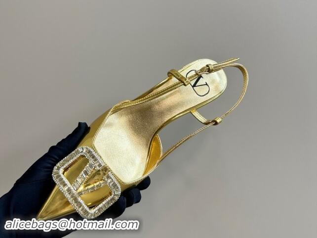 Good Quality Valentino Strass VLogo Satin Slingback Pumps 6.5cm in Patent Leather Gold 1118042