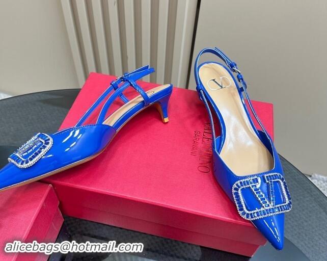 Good Looking Valentino Strass VLogo Satin Slingback Pumps 4cm in Patent Leather Blue 1118043