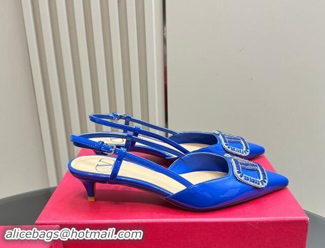 Good Looking Valentino Strass VLogo Satin Slingback Pumps 4cm in Patent Leather Blue 1118043