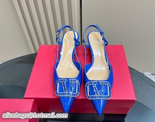 Good Looking Valentino Strass VLogo Satin Slingback Pumps 4cm in Patent Leather Blue 1118043