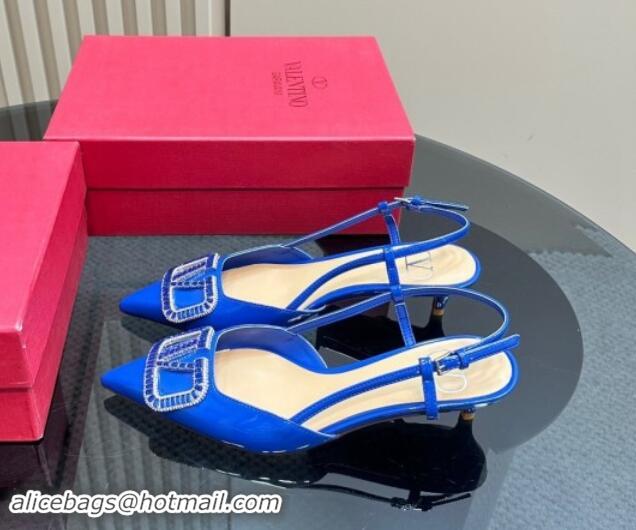 Good Looking Valentino Strass VLogo Satin Slingback Pumps 4cm in Patent Leather Blue 1118043