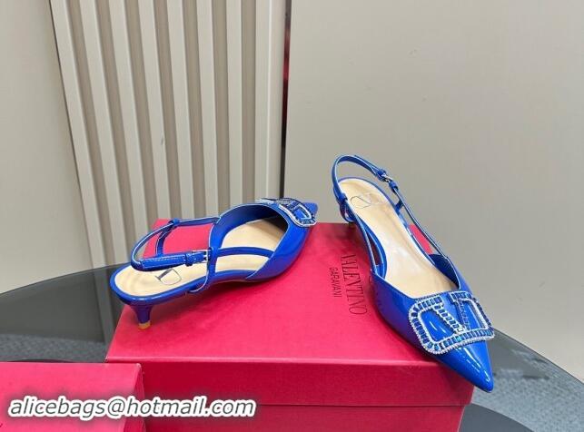 Good Looking Valentino Strass VLogo Satin Slingback Pumps 4cm in Patent Leather Blue 1118043