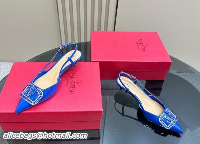 Good Looking Valentino Strass VLogo Satin Slingback Pumps 4cm in Patent Leather Blue 1118043