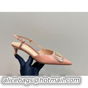 Good Quality Valentino Strass VLogo Satin Slingback Pumps 4cm in Patent Leather Nude Pink 1118044