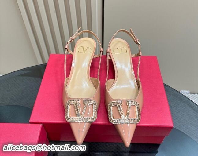 Good Quality Valentino Strass VLogo Satin Slingback Pumps 4cm in Patent Leather Nude Pink 1118044