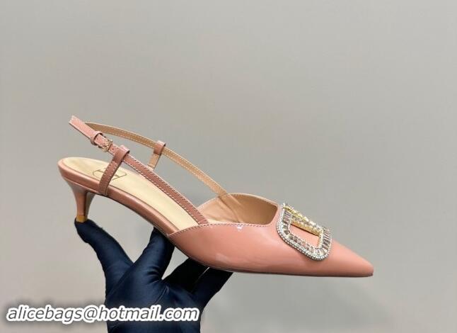 Good Quality Valentino Strass VLogo Satin Slingback Pumps 4cm in Patent Leather Nude Pink 1118044