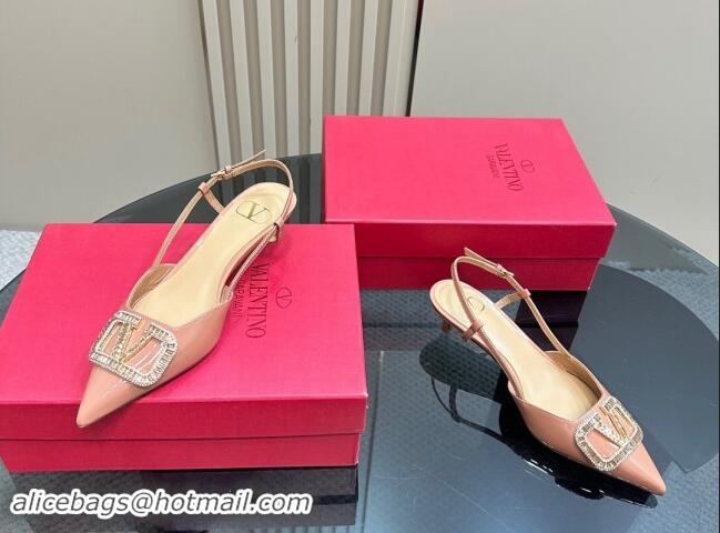 Good Quality Valentino Strass VLogo Satin Slingback Pumps 4cm in Patent Leather Nude Pink 1118044