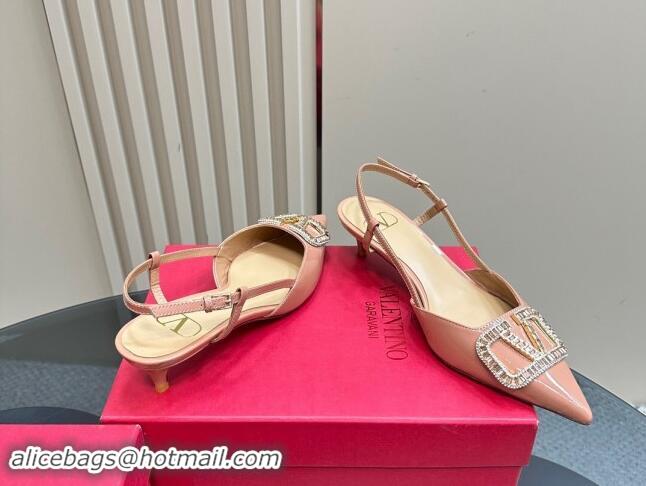 Good Quality Valentino Strass VLogo Satin Slingback Pumps 4cm in Patent Leather Nude Pink 1118044