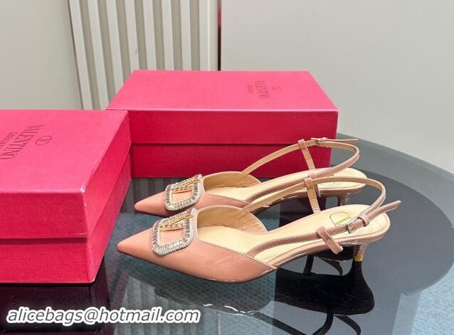 Good Quality Valentino Strass VLogo Satin Slingback Pumps 4cm in Patent Leather Nude Pink 1118044