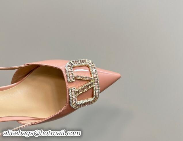 Good Quality Valentino Strass VLogo Satin Slingback Pumps 4cm in Patent Leather Nude Pink 1118044