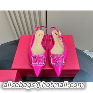 Top Grade Valentino Strass VLogo Satin Slingback Ballerinas Flats in Patent Leather Dark Pink 1118046