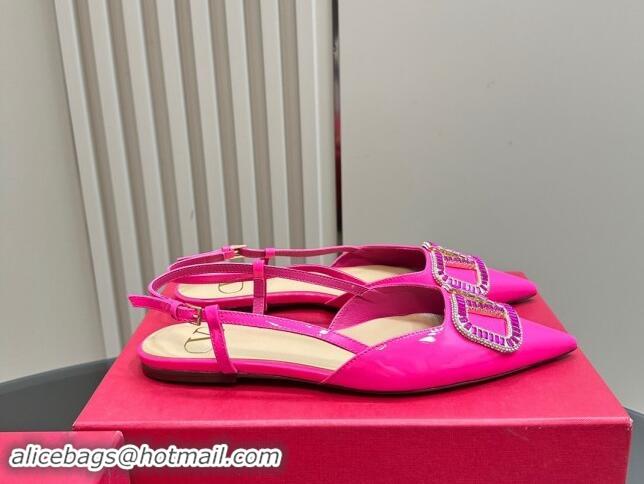 Top Grade Valentino Strass VLogo Satin Slingback Ballerinas Flats in Patent Leather Dark Pink 1118046