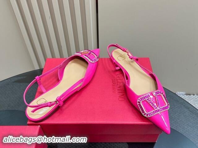 Top Grade Valentino Strass VLogo Satin Slingback Ballerinas Flats in Patent Leather Dark Pink 1118046