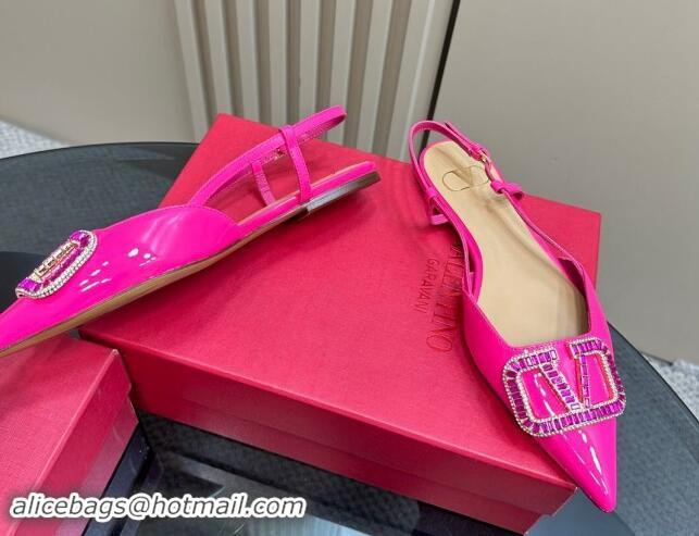 Top Grade Valentino Strass VLogo Satin Slingback Ballerinas Flats in Patent Leather Dark Pink 1118046